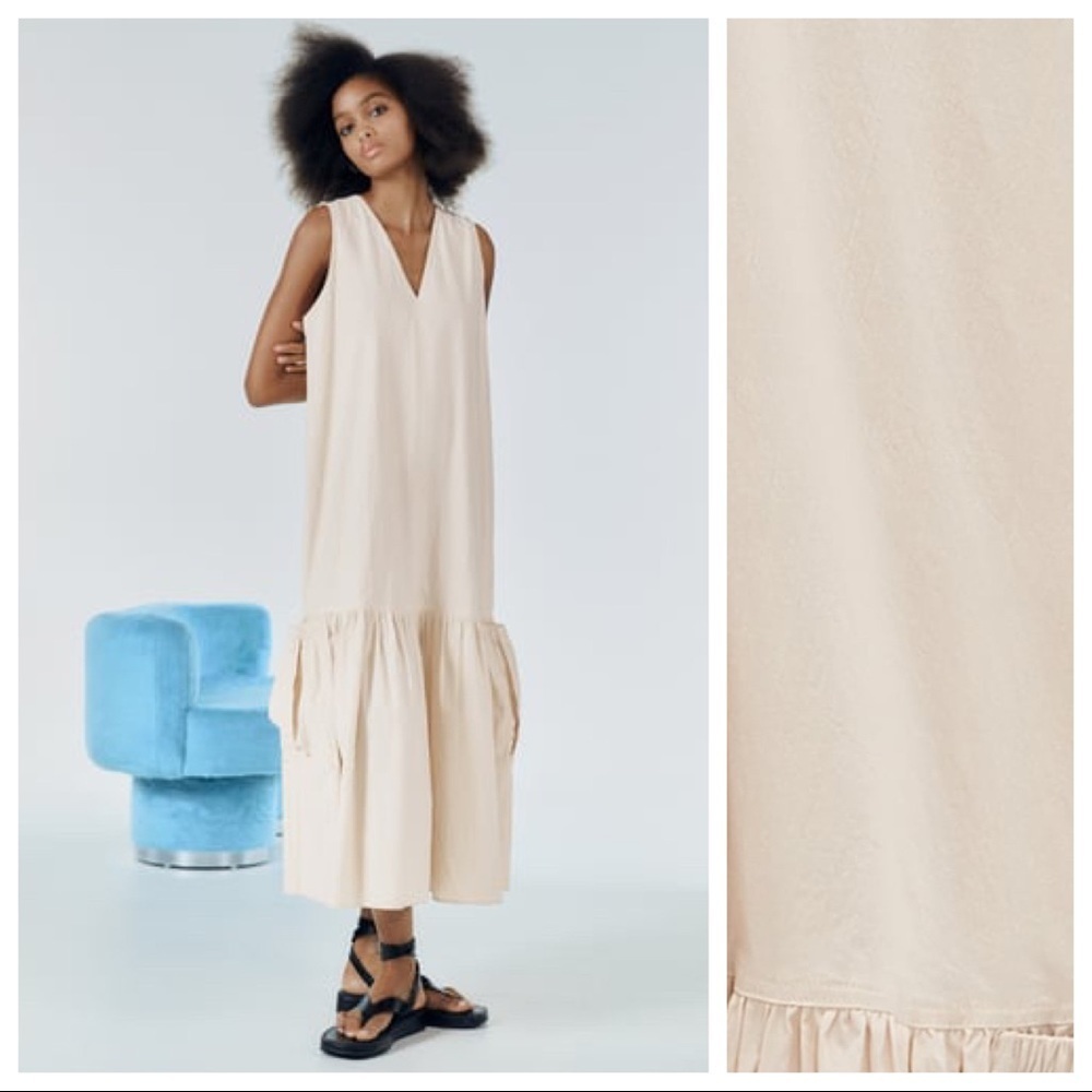 NWT. Zara  Cream Loose-Fitting Sleeveless Midi Dress with Bow. Size XS.